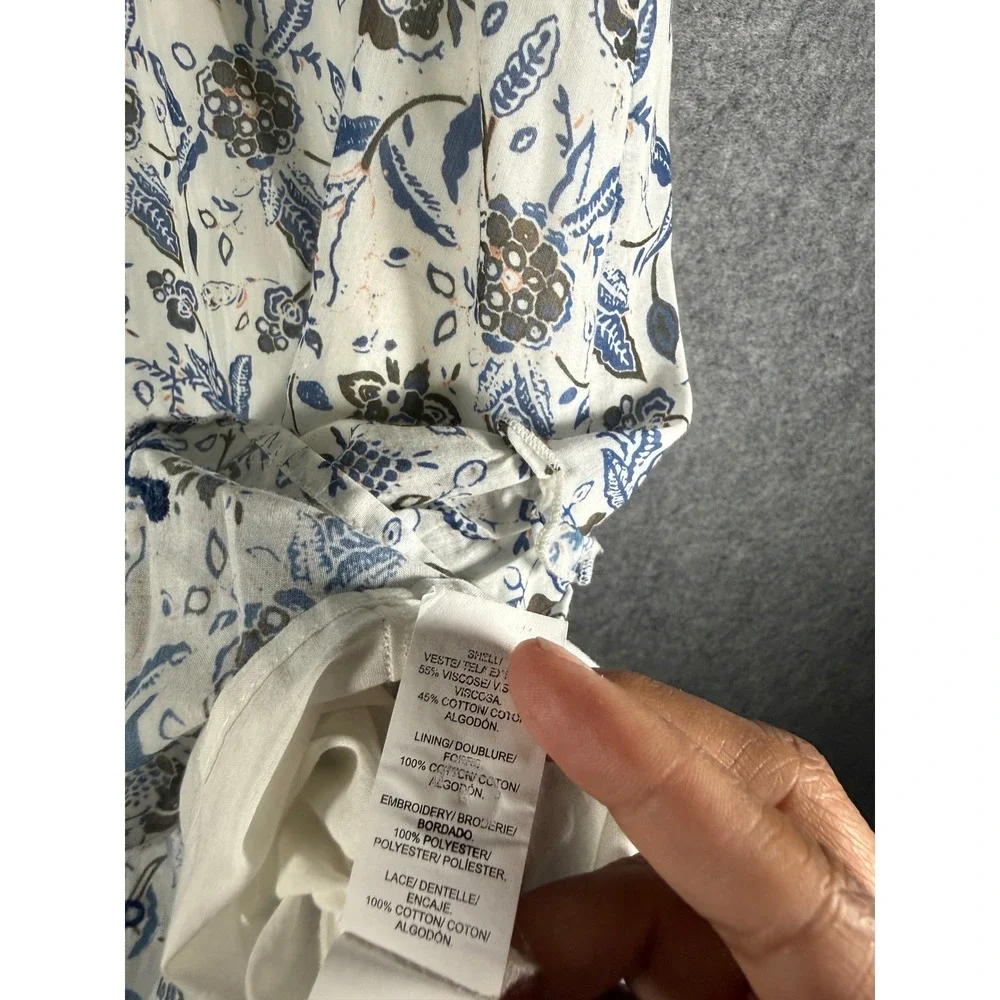 Lucky Brand Blue White Floral Ruffle Tiered Mini Dress Small V-Neck Puff Sleeve - Picture 4 of 8